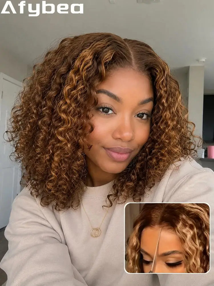 Perruque Courte Bouclée Bob 427 Cheveux Humains Ondulés Profonds Densité 260 avec Fermeture en Dentelle HD 5x5 pour Femmes Noires Prête à Porter Sans Colle