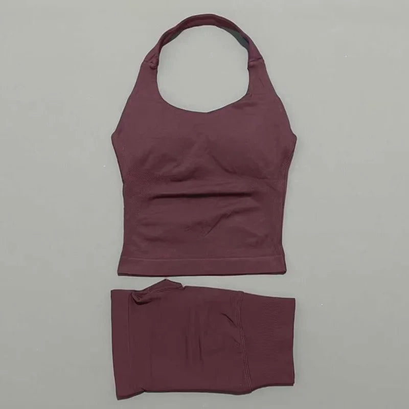 Ensemble de sport 2 pièces pour femme : débardeur long à bretelles rembourré et short de sport sans couture pour le yoga, le fitness et la course à pied