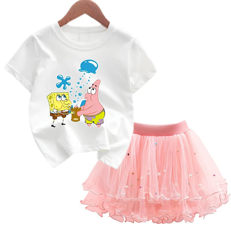 Robe Bob l'éponge pour filles, vêtements d'anniversaire pour enfants, robe de princesse de fête, T-shirt + jupe Tutu, cadeau de soirée d'été, 2 pièces/ensemble