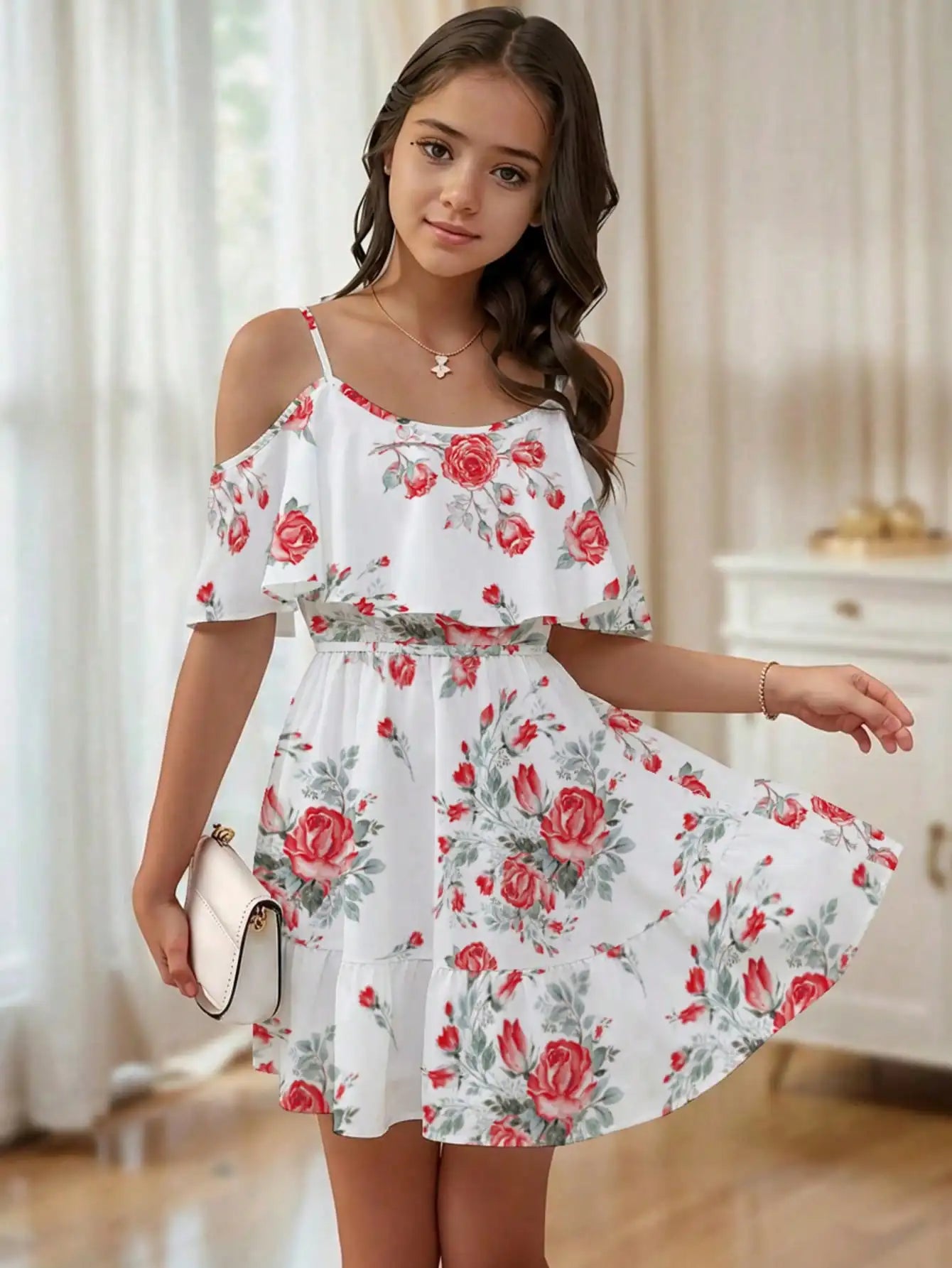 Combinaison d'été sans manches à imprimé feuilles pour fille - Mélange de polyester extensible décontracté, design épaules dénudées, longueur genou, jupe de plage
