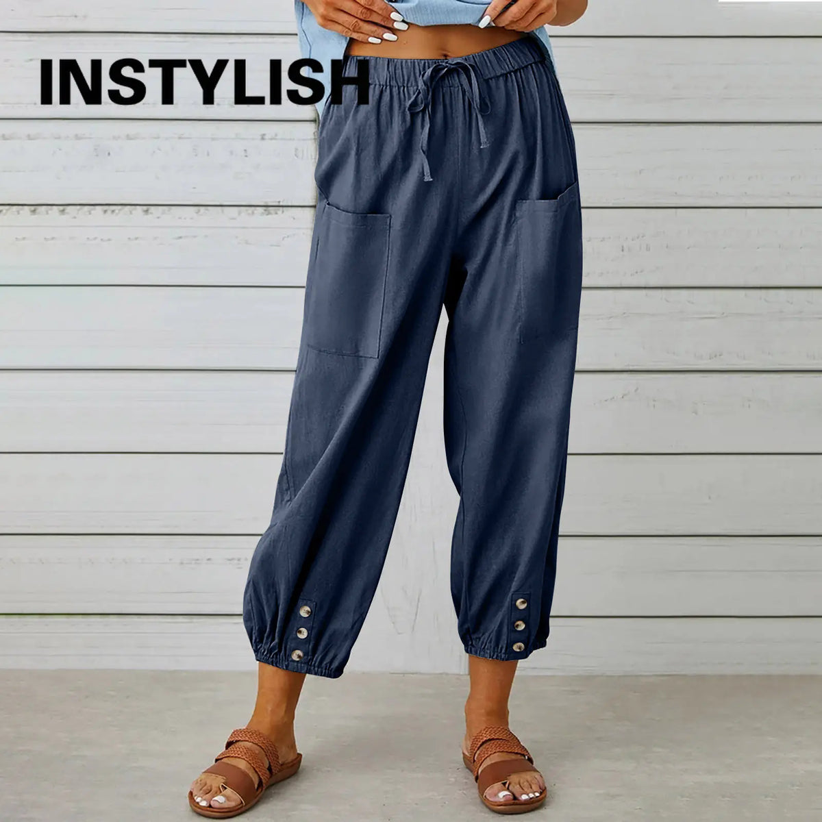 Pantalon en coton et lin pour femmes, couleur unie, taille élastique, ample, droit, Harajuku, taille haute, jambes larges, automne 2023