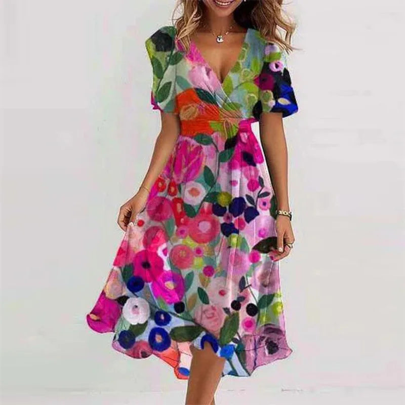 Robe de soirée bohème élégante à imprimé floral, col en V, manches courtes, longueur genou, Vestidos BKLFZ-1616