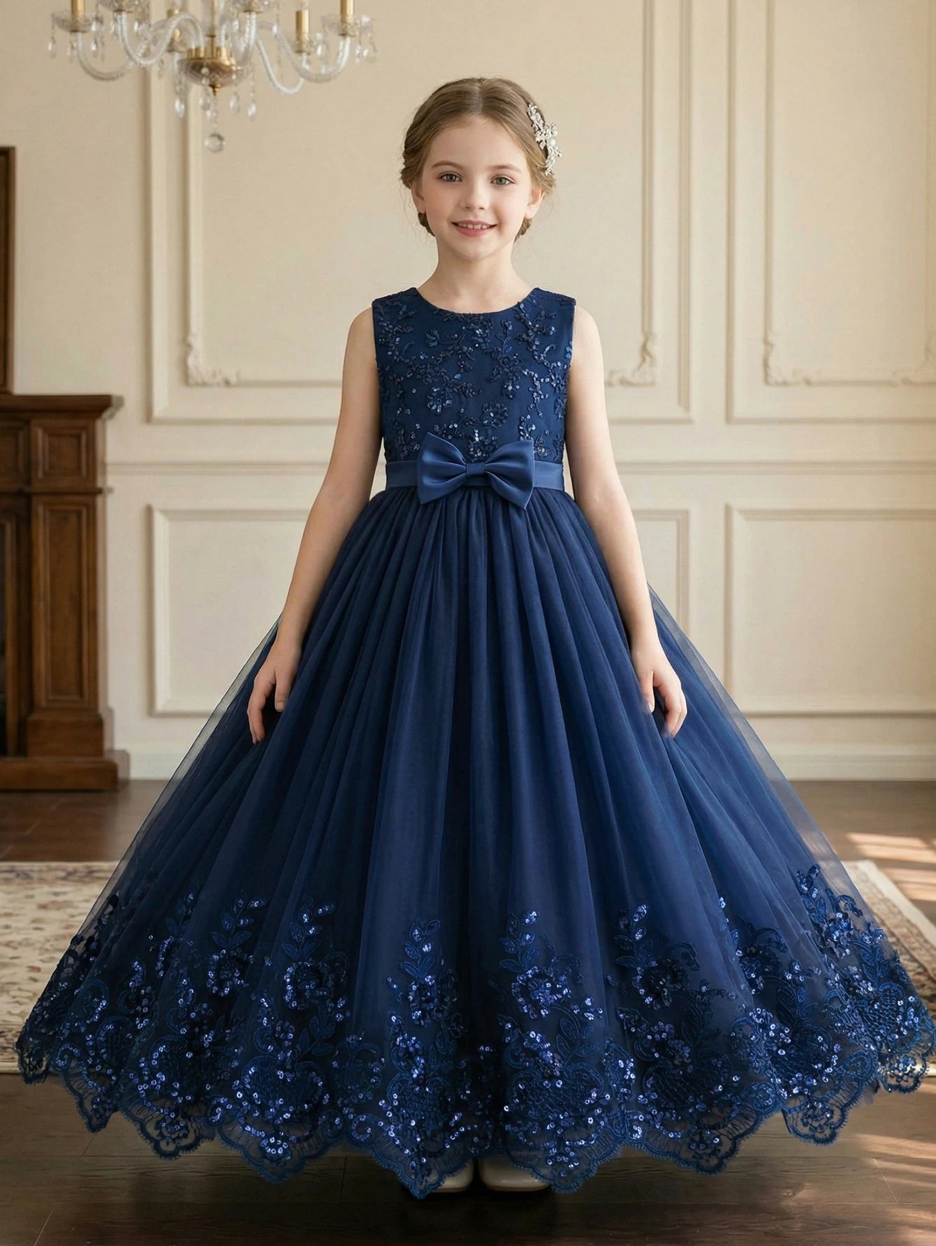 Robe de soirée élégante pour fille adolescente, bleu royal, dentelle brodée, sequins, sans manches, avec filet bouffant pour fête, banquet