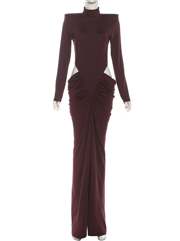 Nibber Hipster Waistless Ruché Élégante Robe Femme Automne Style Col Roulé À Manches Pleines Creuses Conception Prom Partie Longue Moulante