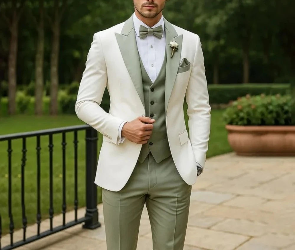 Ensemble de 3 pièces de costume de mariage vert sauge pour le marié – Blazer, gilet et pantalon élégants coupe ajustée pour bal de promo et cérémonie