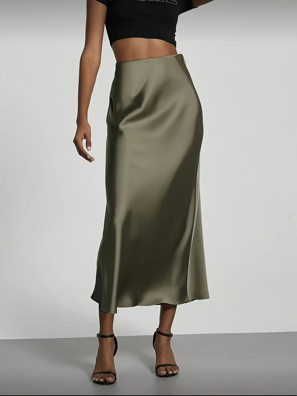 Jupe midi en satin pour femme, taille haute, coupe droite ajustée, drapé élégant, polyvalente et élégante pour le quotidien, les vacances et les soirées
