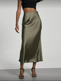 Jupe midi en satin pour femme, taille haute, coupe droite ajustée, drapé élégant, polyvalente et élégante pour le quotidien, les vacances et les soirées