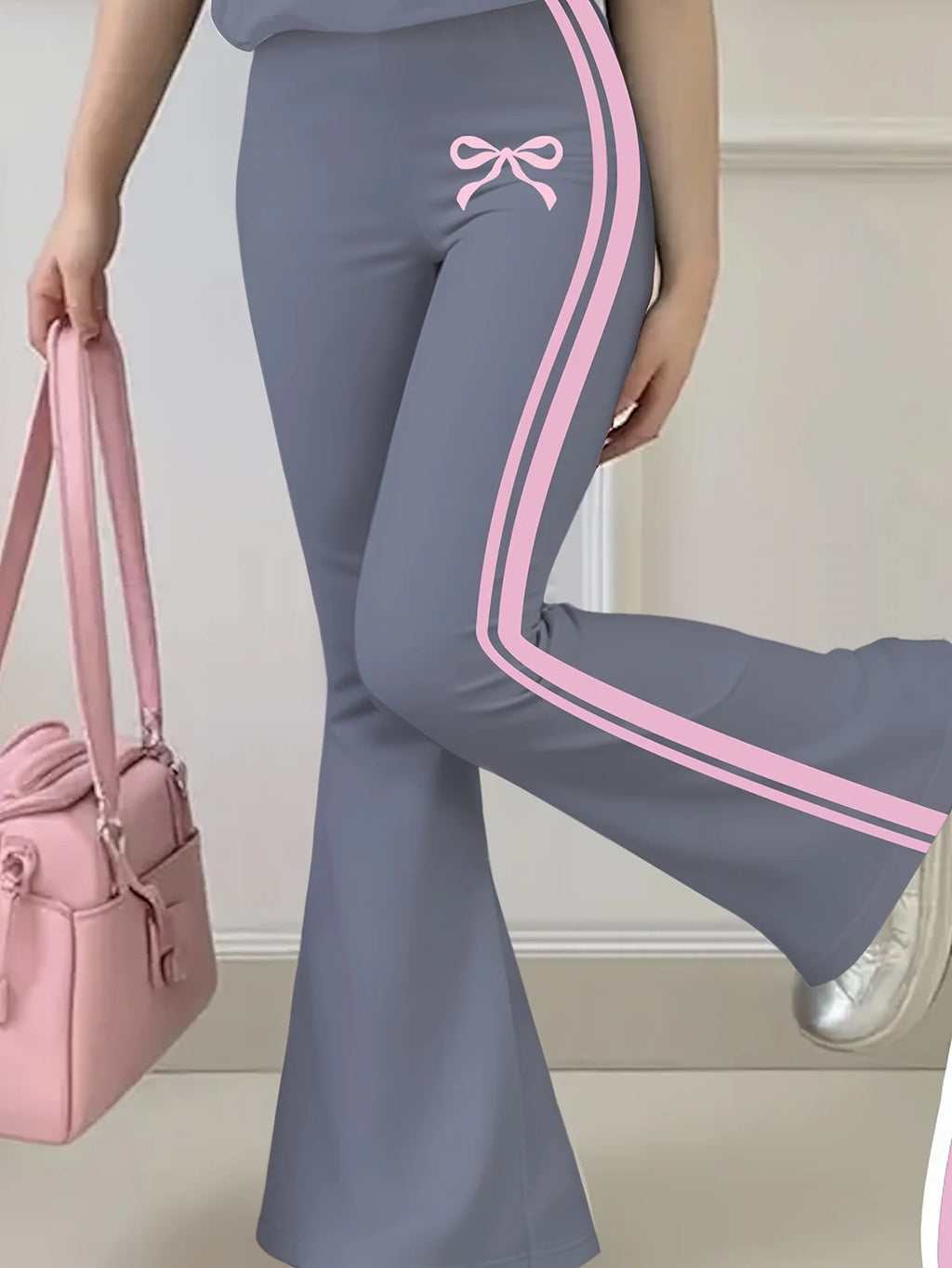 Tenue d'été décontractée pour filles : T-shirt à manches courtes imprimé nœud + pantalon long évasé, ensemble deux pièces avec bordure rose et imprimé nœud, tendance et polyvalent, adapté aux filles de 4 à 12 an