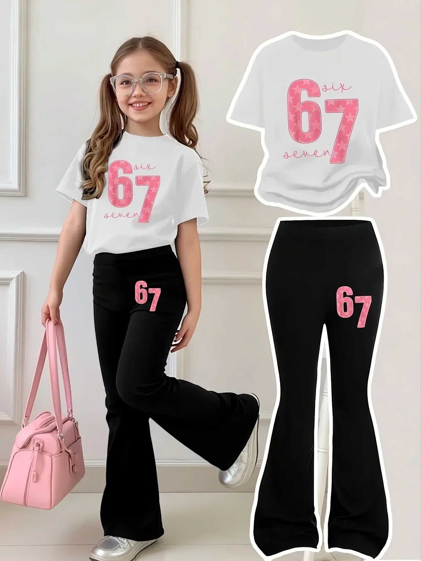 Ensemble 2 pièces pour filles, T-shirt à manches courtes et pantalon évasé, imprimé étoile rose numéro 67, ensemble streetwear décontracté pour enfants