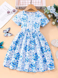 Robe à manches courtes pour filles, col rond, motif Floral bleu, vêtements pour enfants de 2 à 7 ans, tenue d'été décontractée