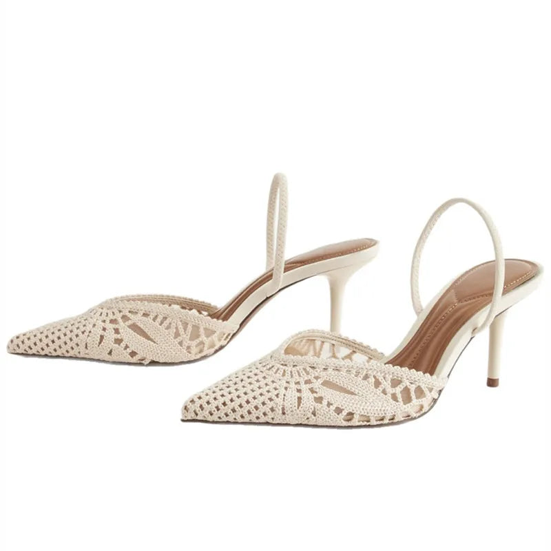 Sandales à talons hauts ajourées tissées pour femmes, sexy, à bout pointu, confortables et élégantes pour l'été