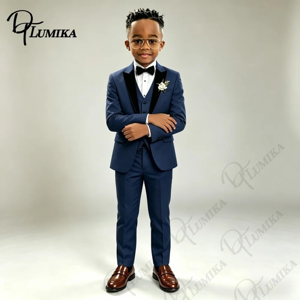 Ensemble de costume formel bleu marine pour garçons avec cravate florale, blazer à revers pointus, gilet et pantalon pour mariage, porteur d'alliances, fête ou tenue de scène