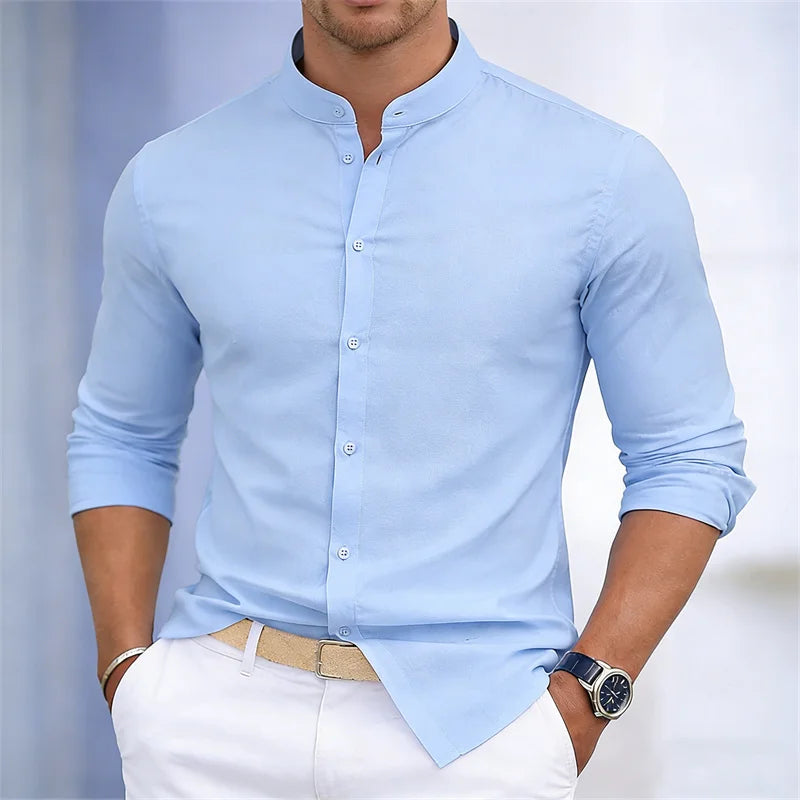 Chemise à manches longues pour homme, col montant, blanche ou noire, couleur unie, coupe ajustée, style business casual, tailles XS-6XL.