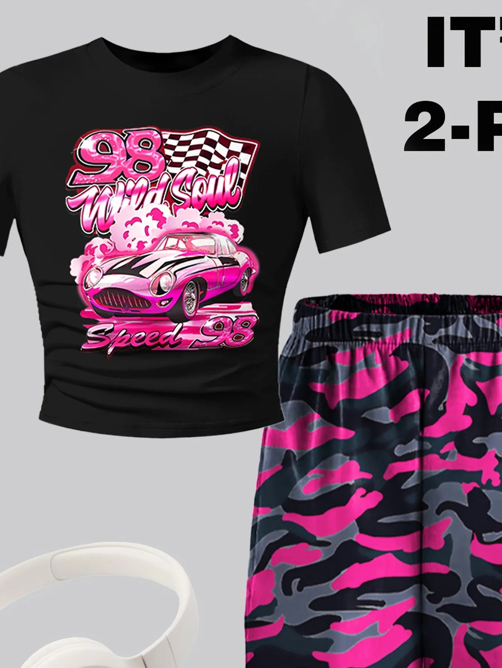 Ensemble 2 pièces pour filles, t-shirt court imprimé Racing et pantalon de jogging camouflage rose, tenue décontractée streetwear Y2K