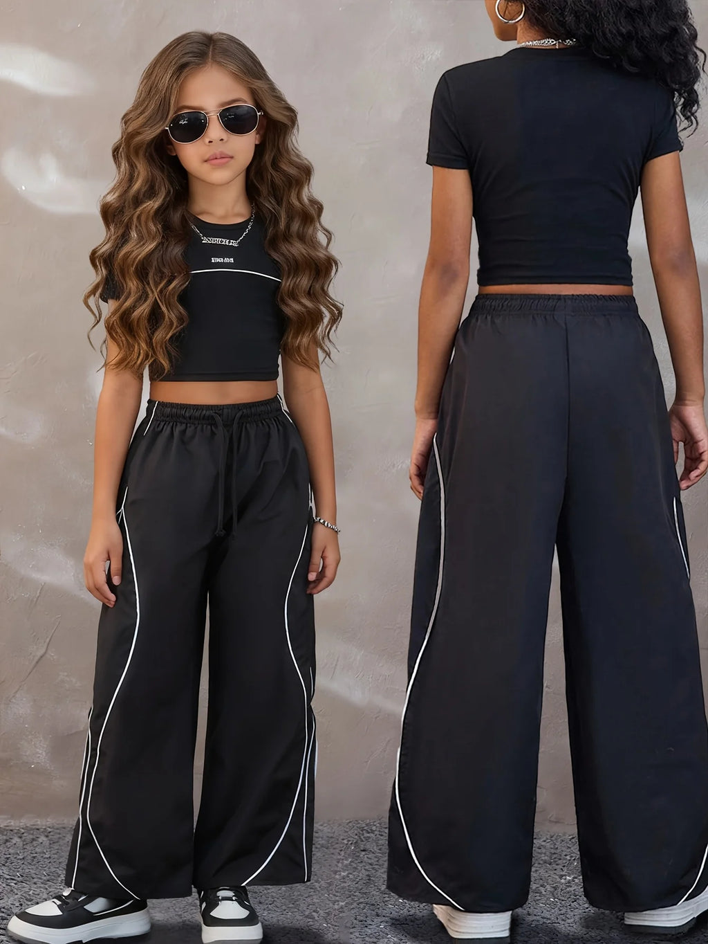 Tenue décontractée style streetwear d'été pour adolescentes : ensemble deux pièces composé d'un t-shirt noir et d'un pantalon large bicolore, élégant et tendance, adapté aux enfants de 5 à 13 ans, polyvalent pour la