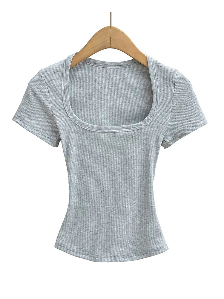 Col carré haute Stretch été culture hauts femmes à manches courtes hauts Sexy pull sommets Blouses mince T-shirt