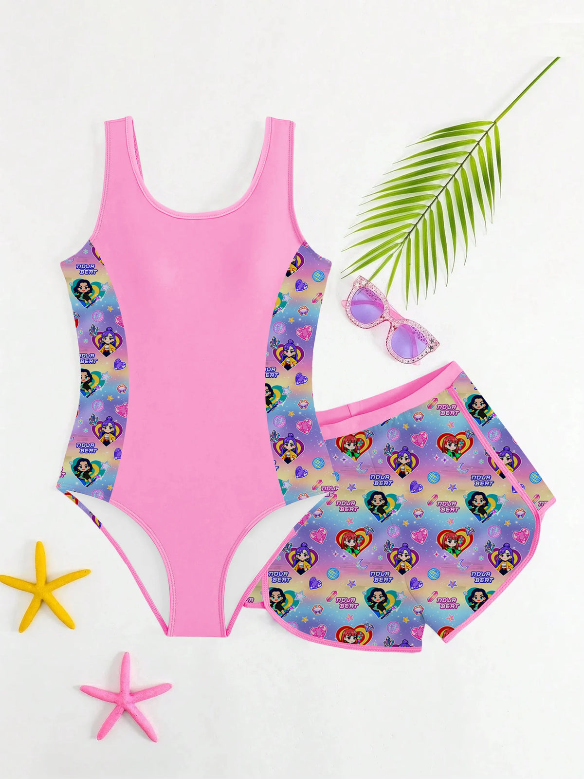 Ensemble de maillot de bain et short pour filles à imprimé anime K-POP en 2 pièces, protection UV UPF 50+, maillot de bain de plage d'été