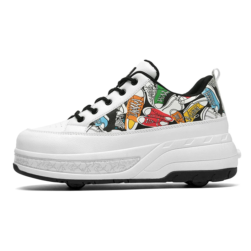 Chaussures de patinage à roulettes pour enfants, quatre roues durables et rétractables, à la mode, à lacets, pour divertissement en plein air, chaussures de sport pour enfants