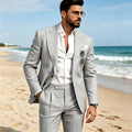 Costume Homme en Lin Bleu Ciel 2 Pièces, Revers Pointus, Simple Boutonnage, Tenue Décontractée Slim pour Bal, Fête, Mariage, Blazer et Pantalon