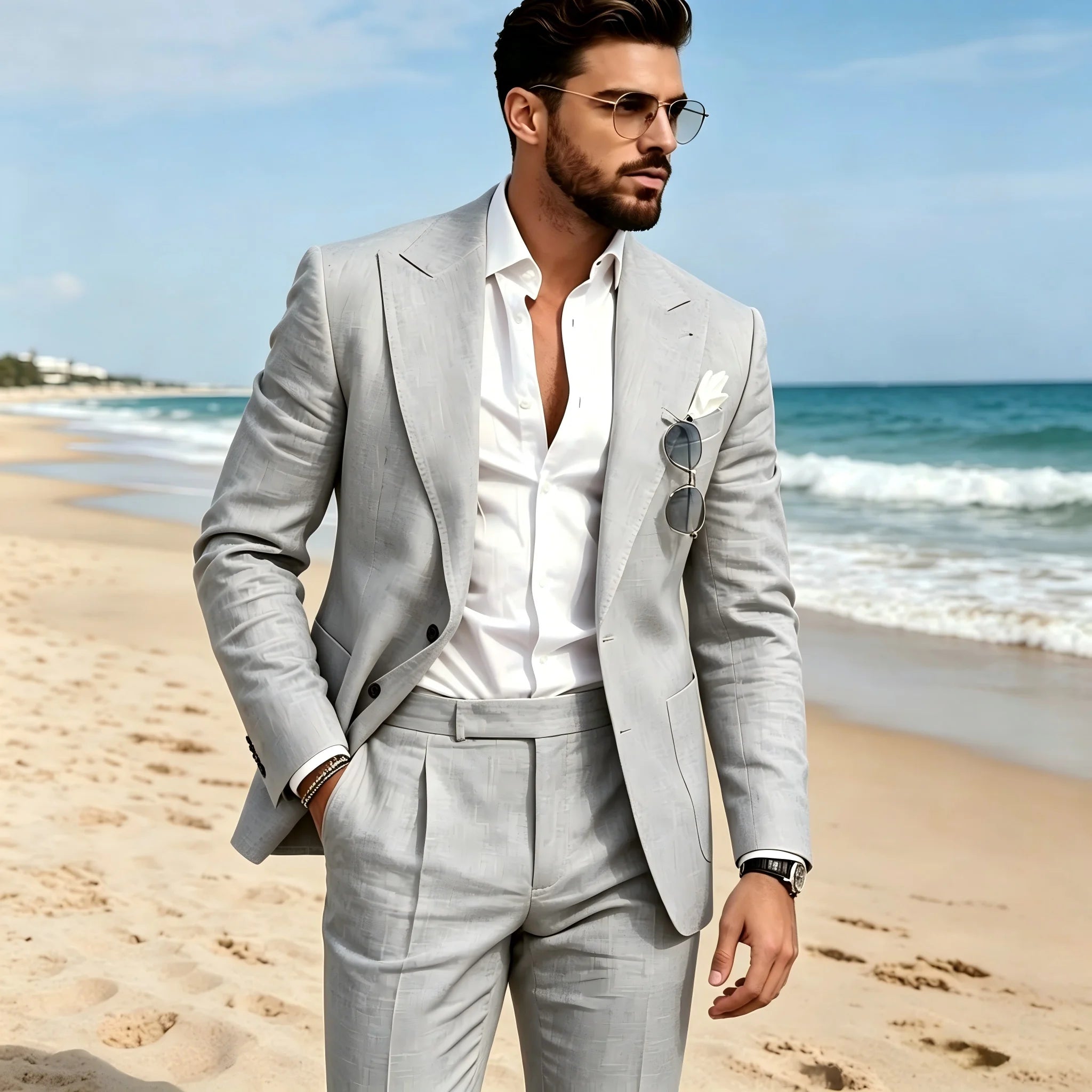 Costume Homme en Lin Bleu Ciel 2 Pièces, Revers Pointus, Simple Boutonnage, Tenue Décontractée Slim pour Bal, Fête, Mariage, Blazer et Pantalon