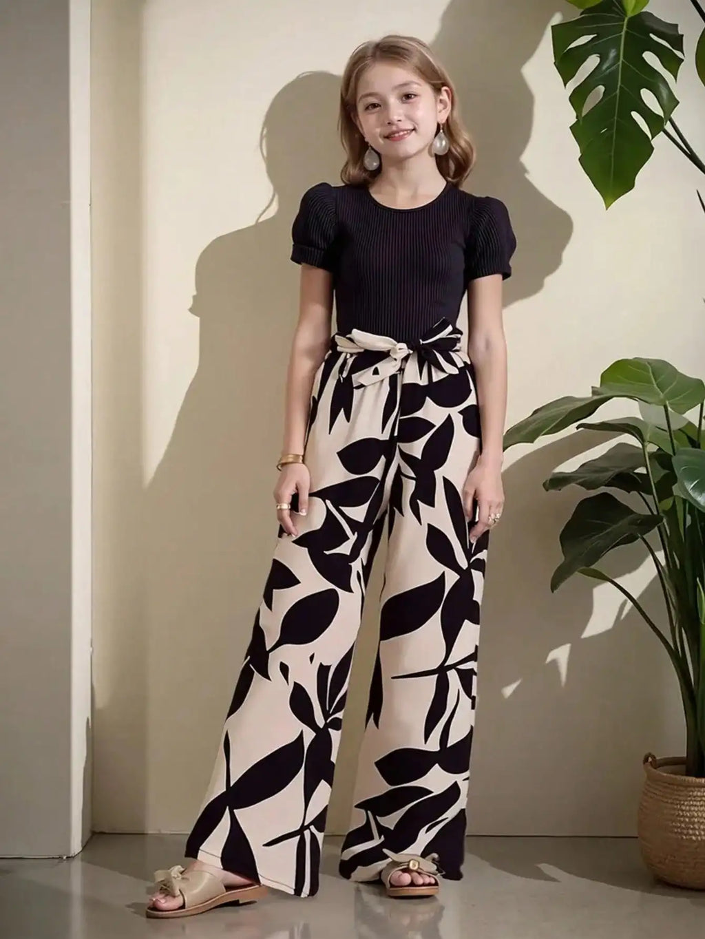 Haut à nœud uni pour filles, pantalon ample à jambes larges pour les vacances d'été, adapté à la tenue en plein air