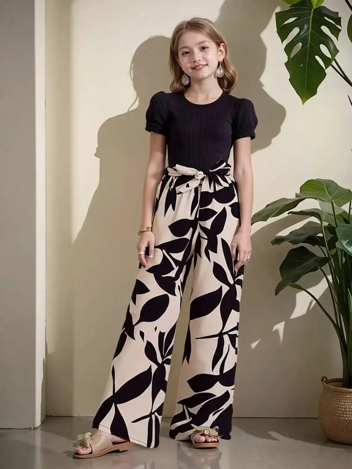 Haut à nœud uni pour filles, pantalon ample à jambes larges pour les vacances d'été, adapté à la tenue en plein air