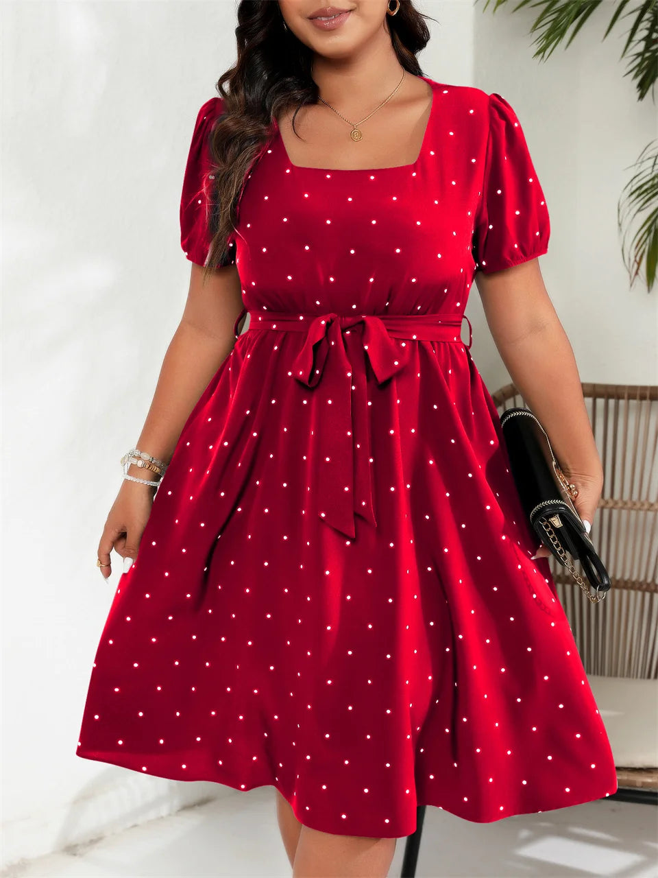 GIBSIE-Robe trapèze ceinturée à pois pour femme, grande taille, col carré, manches bouffantes, taille haute, élégante, rétro, été