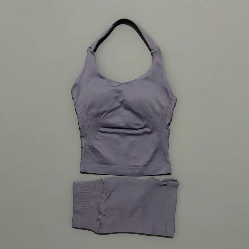 Ensemble de sport 2 pièces pour femme : débardeur long à bretelles rembourré et short de sport sans couture pour le yoga, le fitness et la course à pied