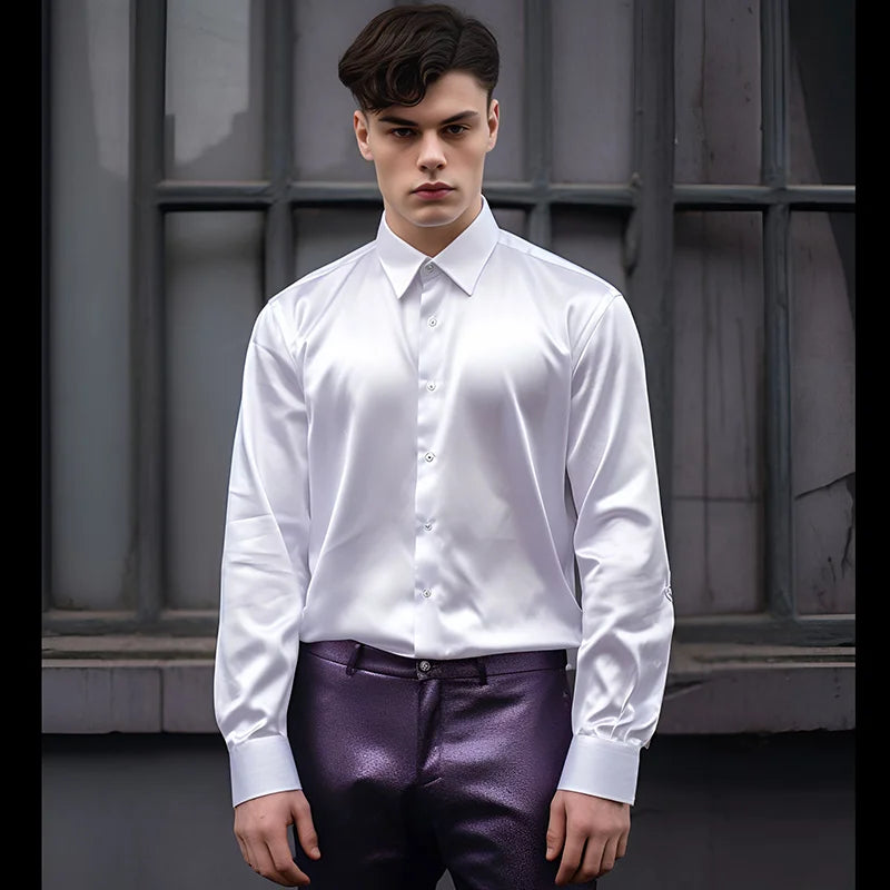 Hommes Satin luxe robe chemises mode soie lisse mâle smoking chemise solide fête de mariage bal chemise décontractée bureau d'affaires