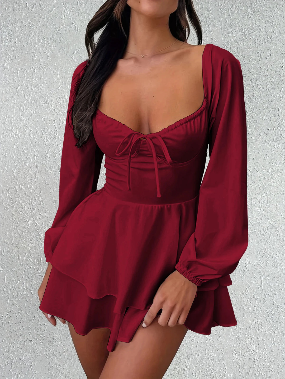 Robe Sexy et élégante, col en v, dos nu, taille cintrée, manches longues, Style soirée en boîte de nuit, jupe courte blanche à lacets, bord à volants