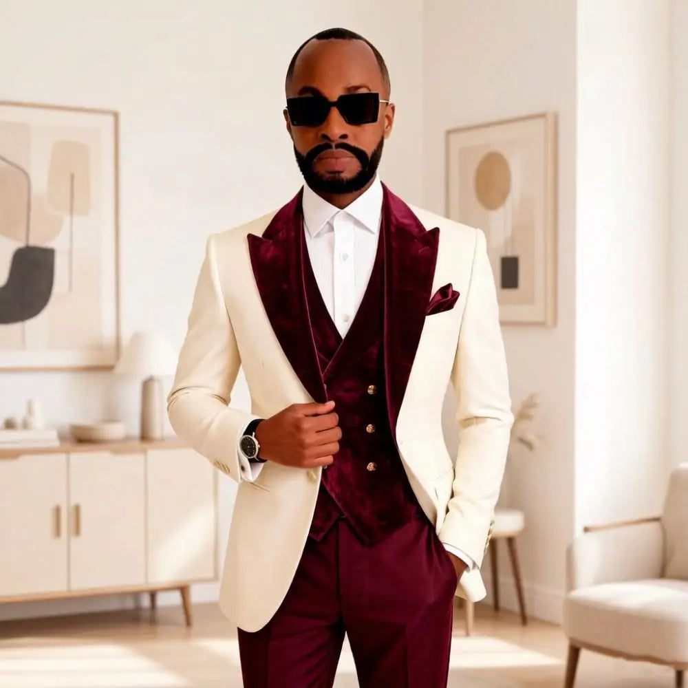 Costumes en velours pour hommes, coupe ajustée, 3 pièces, pour mariage, bal de promo, col châle bordeaux, personnalisable, élégant, pour cérémonie de gala