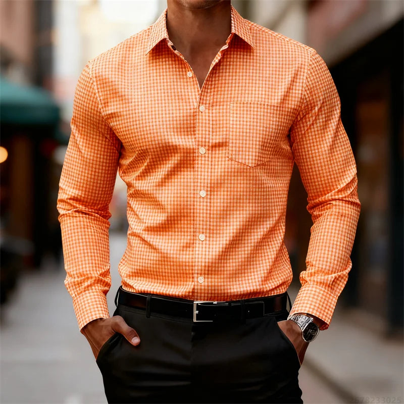 2025 Chemise à manches longues à carreaux fins bleu et blanc pour hommes d'affaires décontractée, coupe ajustée, chemise élégante pour hommes, disponible en 11 couleurs