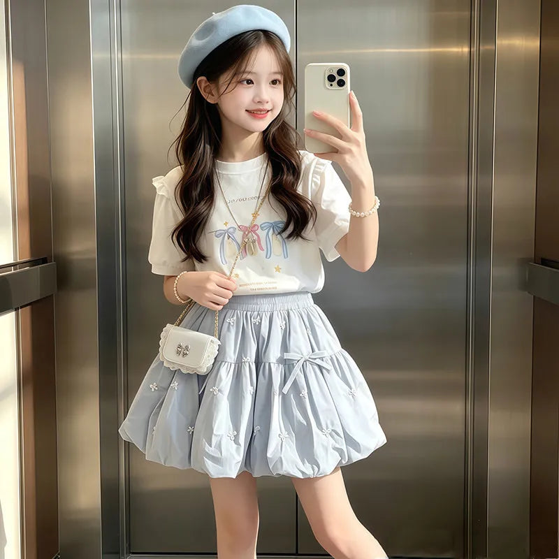 Ensemble 2 pièces été 2026 pour filles, tenue enfant adolescente, t-shirt ample à manches courtes avec nœud + jupe tutu, pour 4, 5, 8, 9, 10, 11, 12 ans