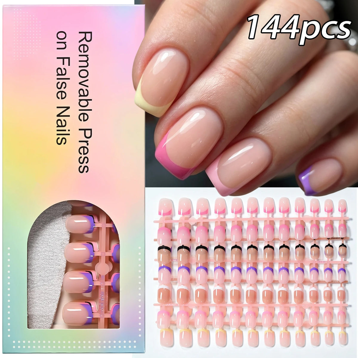 144 faux ongles carrés courts français, noirs, blancs, roses, brillants, à presser, en acrylique, couvrance totale, portables #