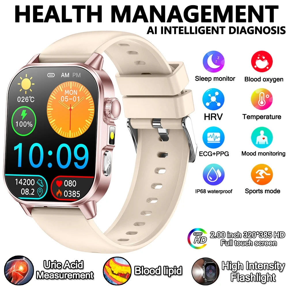 Montre connectée pour hommes et femmes, nouveau modèle d'analyse de la santé des acides uriques et des lipides, ECG + PPG, appel Bluetooth, lampe de poche 2026 pouces, 2.021