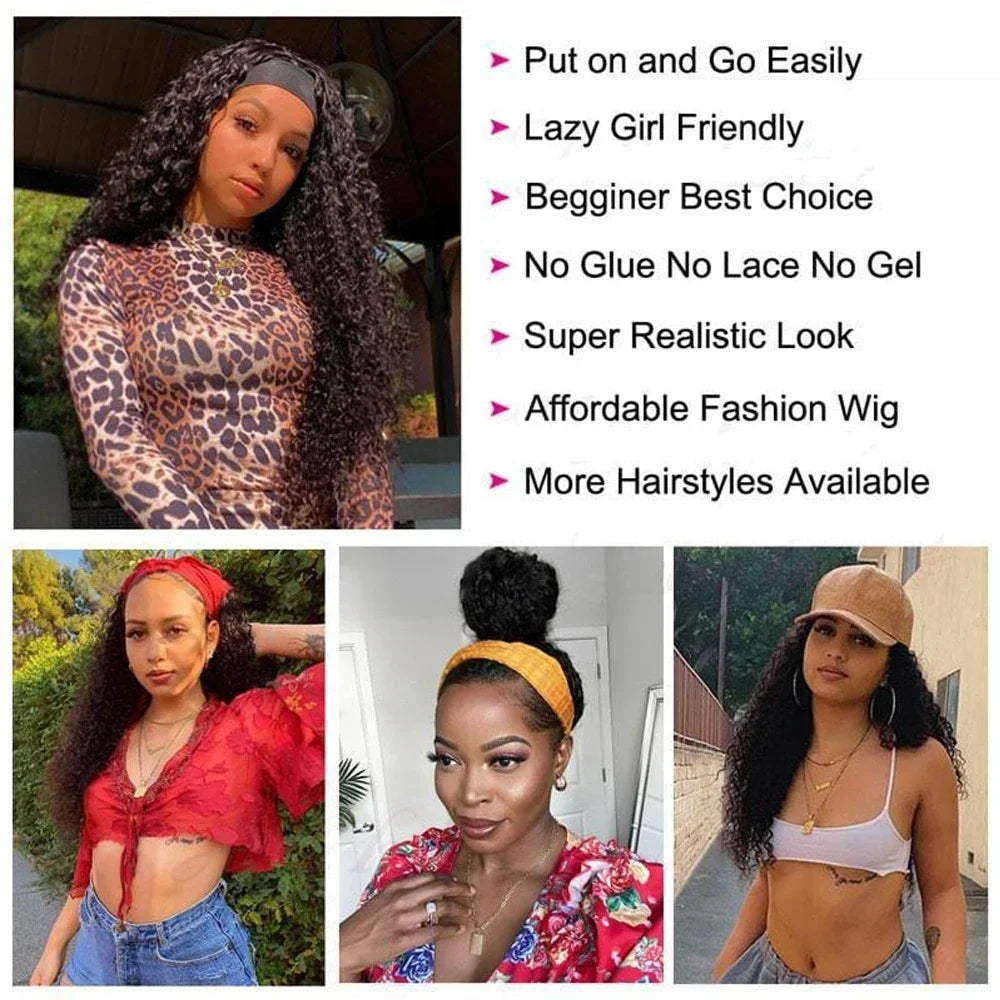 Crépus bouclés bandeau perruques brésilien Remy cheveux humains 180% densité 20 pouces porter à aller sans colle vague d'eau bandeau perruque pour les femmes