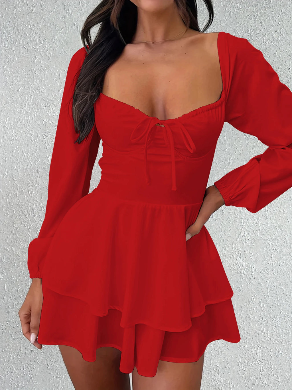 Robe Sexy et élégante, col en v, dos nu, taille cintrée, manches longues, Style soirée en boîte de nuit, jupe courte blanche à lacets, bord à volants