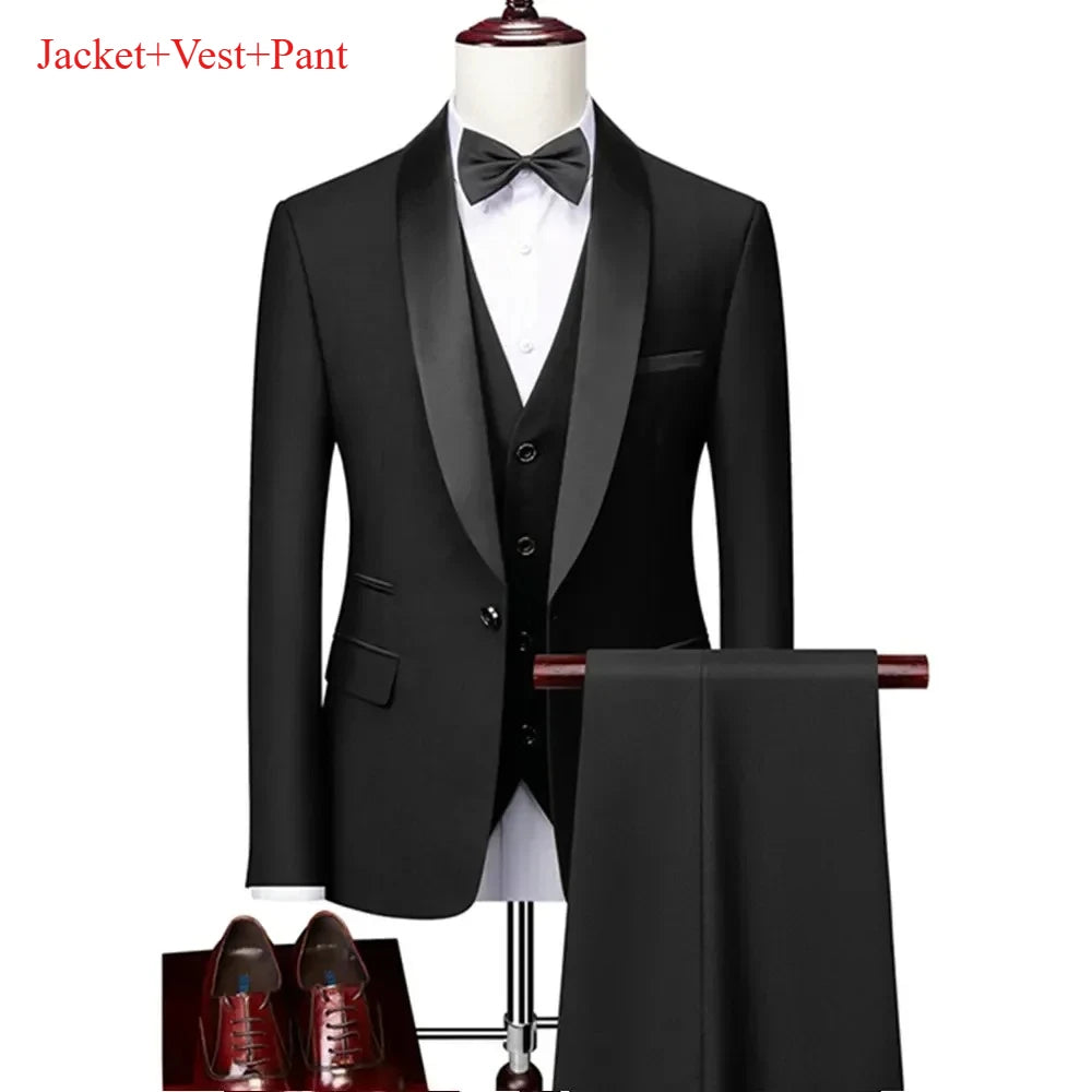 Ensemble de costume noir à revers pour hommes, manteau, gilet, pantalon/affaires pour garçons d'honneur, robe de mariée, pantalon Blazer Fprmal