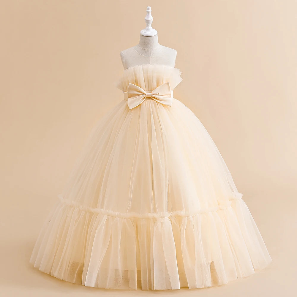 Robe d'été en Tulle pour filles, tenue de demoiselle d'honneur blanche, Costume élégant pour enfants, tenue de soirée de mariage, 2023