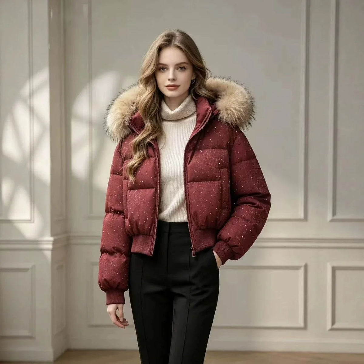 Manteau court pour femme, chaud et épais pour l'hiver, avec bordure bouffante, taille cintrée et accents de perles scintillantes, nouveau modèle 2026