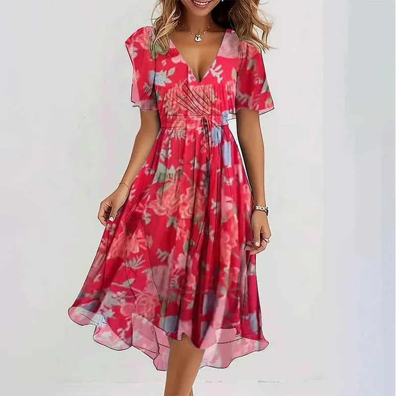 Robe de soirée bohème élégante à imprimé floral, col en V, manches courtes, longueur genou, Vestidos BKLFZ-1616