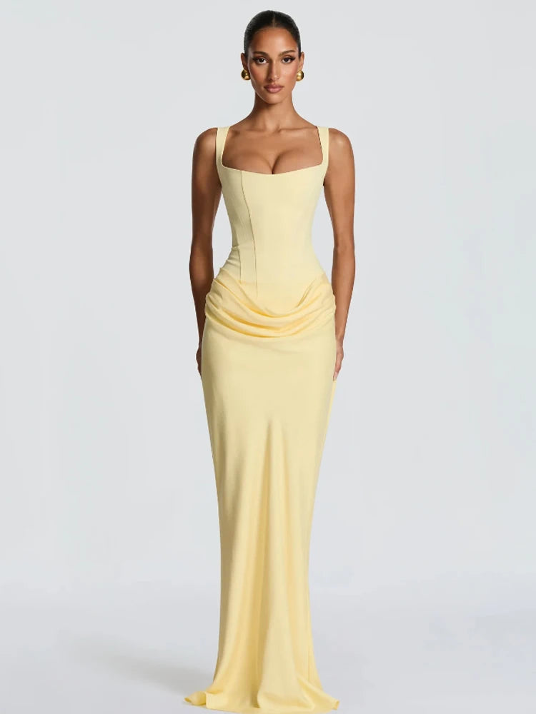 Robe à bretelles plissée pour femmes, couleur unie, col carré, sans manches, épaules dénudées, taille cintrée, robes Slim, robes de soirée, 2025