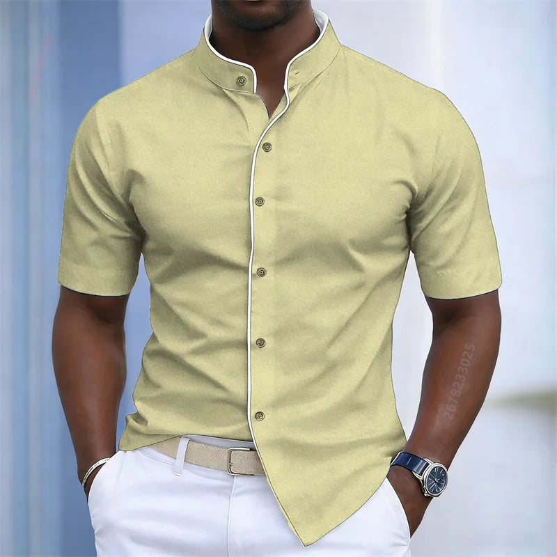 Chemise d'été pour homme à col montant et manches courtes, 20 couleurs, design color block tendance, coupe ajustée, chemise décontractée pour affaires, tailles XS-6XL