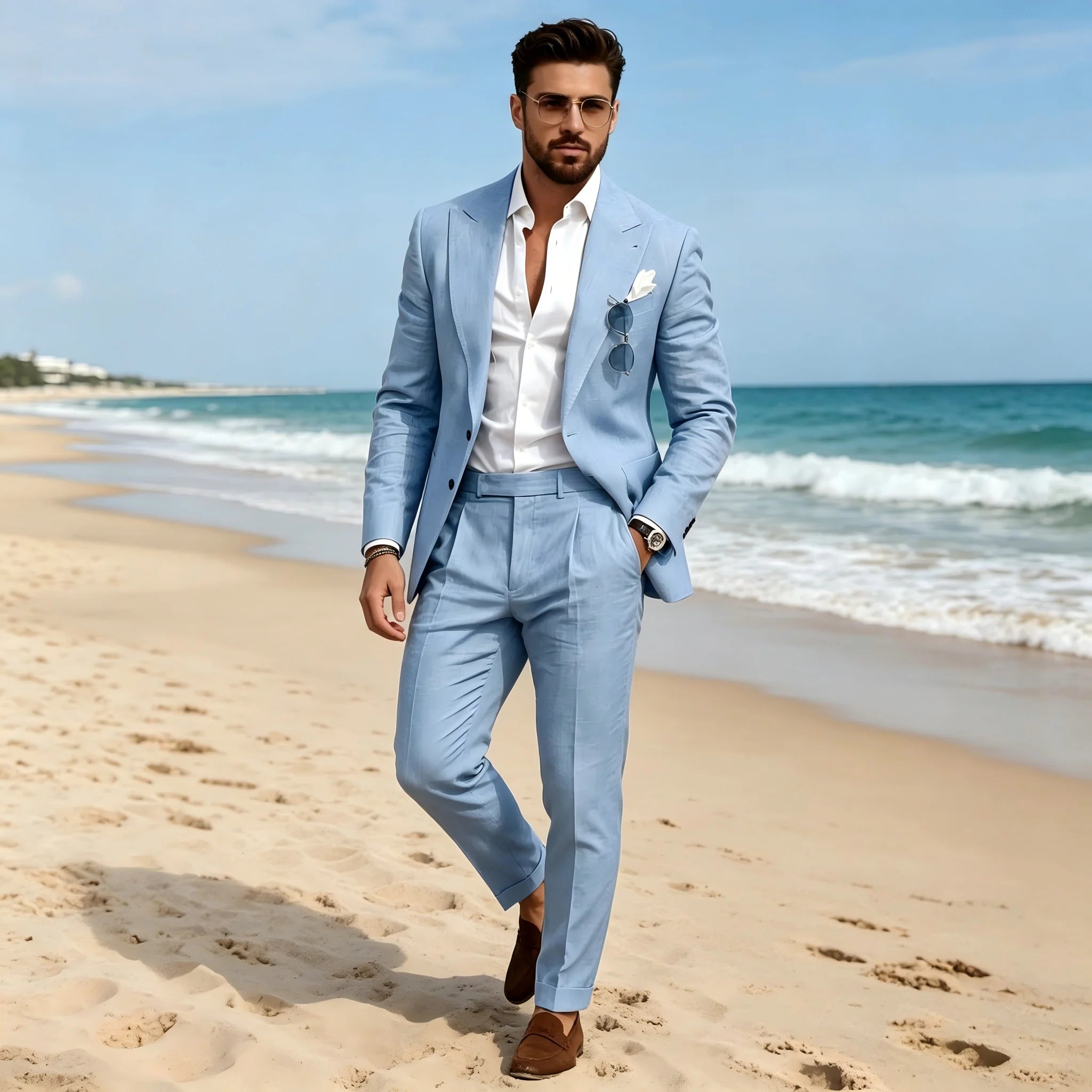 Costume Homme en Lin Bleu Ciel 2 Pièces, Revers Pointus, Simple Boutonnage, Tenue Décontractée Slim pour Bal, Fête, Mariage, Blazer et Pantalon
