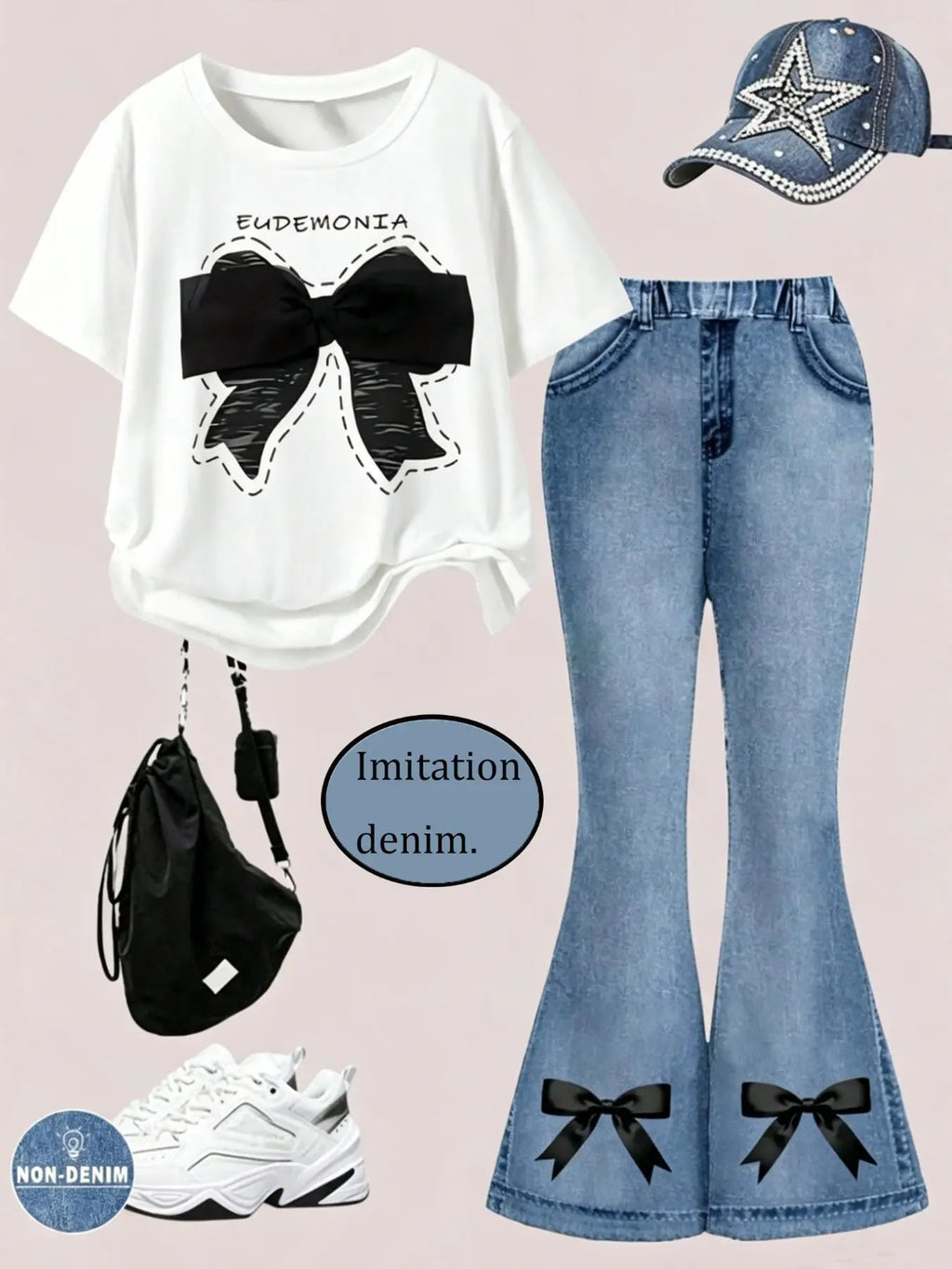 Tenue d'été décontractée pour filles, ensemble décontracté avec nœud papillon pour enfants, pantalon évasé en faux jean + t-shirt à manches courtes à col rond, ensemble deux pièces, tenue quotidienne tendance pour