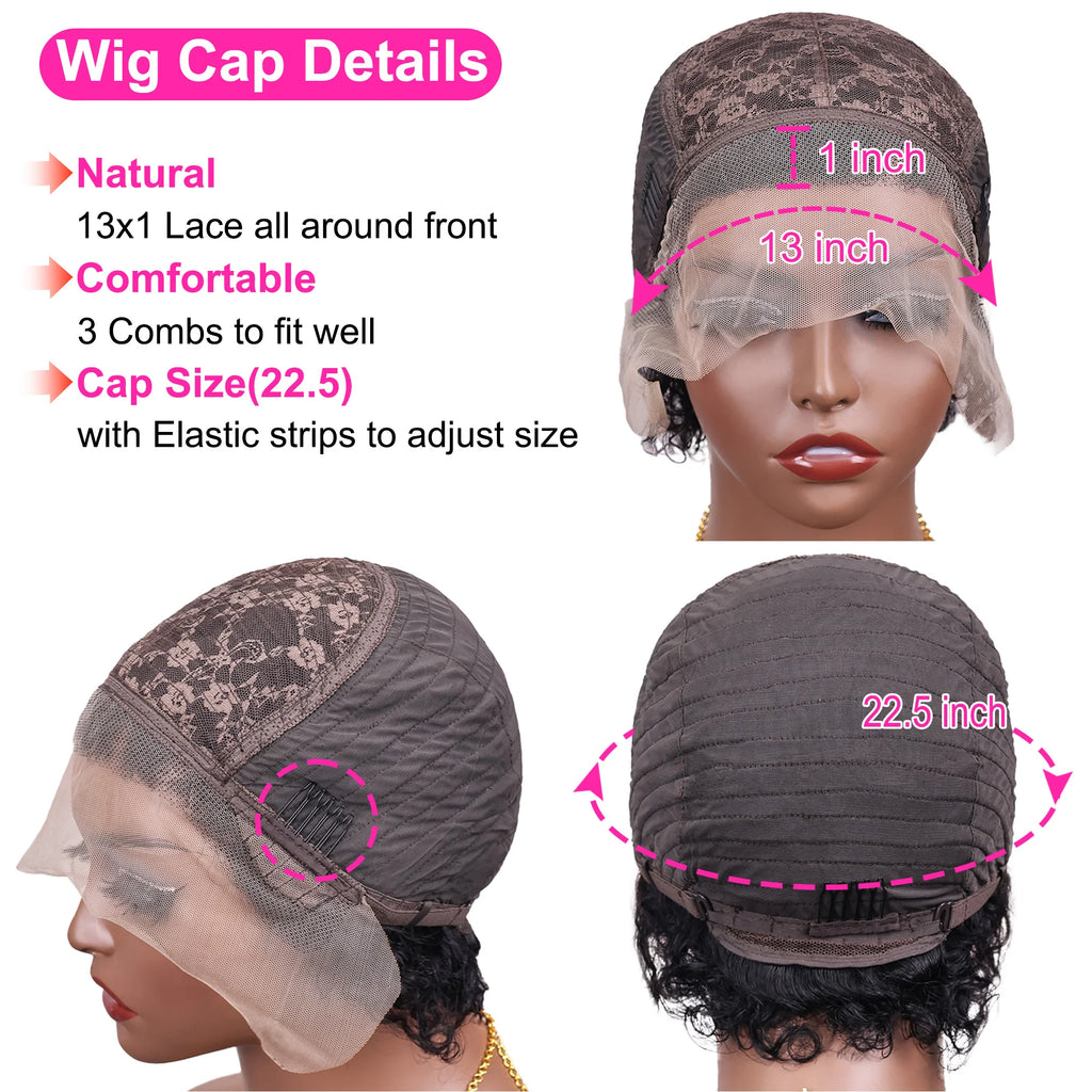 Perruques coupe lutin cheveux humains courts bouclés avant de lacet perruques de cheveux humains brésilien 13x1 perruques de dentelle transparente vague d'eau Bob perruque