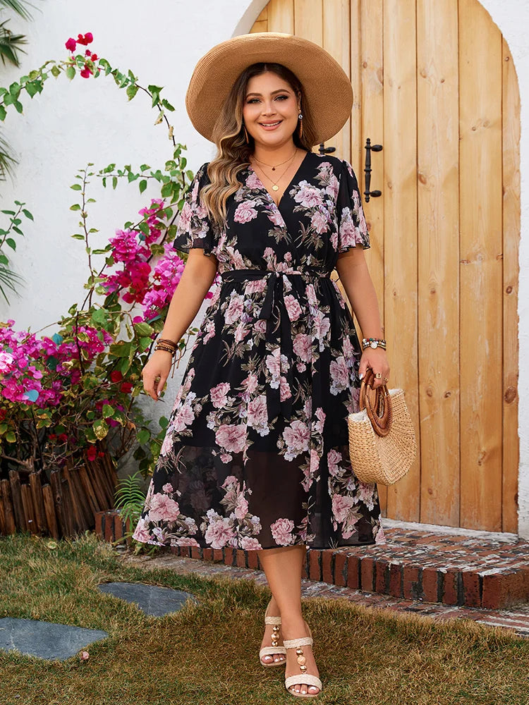 GIBSIE-Robe longue avec ceinture, grande taille, col surplis, manches papillon, imprimé floral, coupe trapèze, style bohème, nouvelle collection été 2024