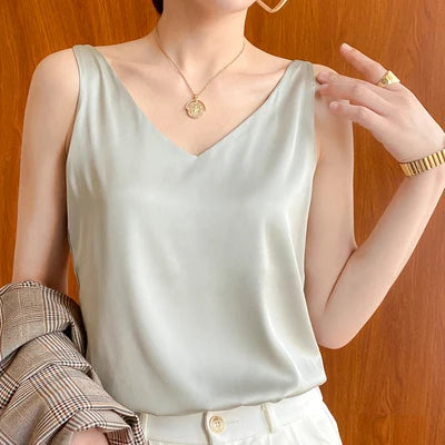 Débardeur en soie pour femme, en soie glacée, dos élégant, blanc et noir, style décontracté, col en V, pour l'été, taille L