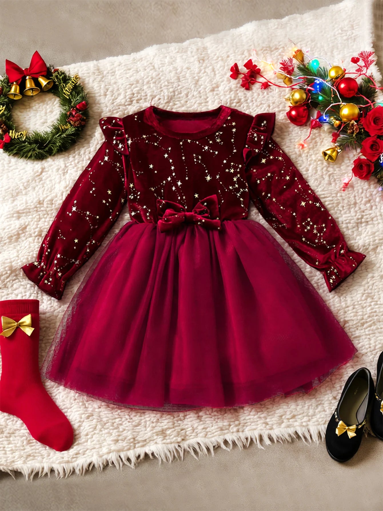 Robe d'automne et d'hiver en velours pour filles, tenue de princesse à manches longues avec nœud en maille, tenue de fête de nouvel an pour enfants, robe de fête Festive pour filles