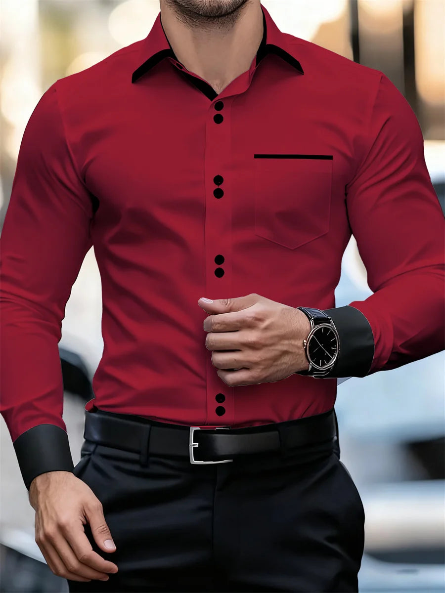 Chemise à manches longues à col bloc de couleur pour hommes d'affaires, coupe ajustée, sans plis, chemise Patchwork noir et blanc, haut tendance pour hommes